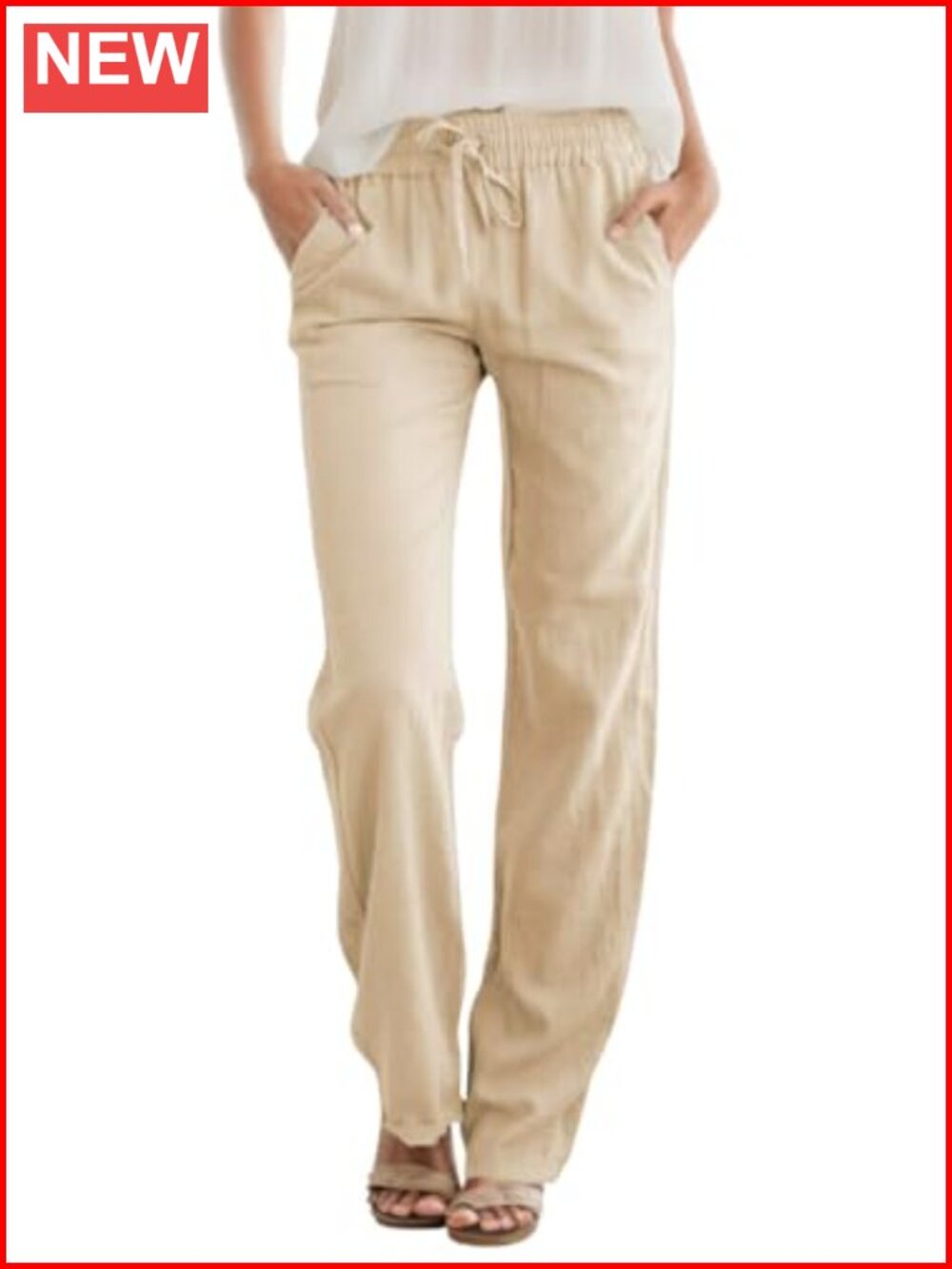 Women's High Waist Linen Blend Straight Leg Drawstring Pants
